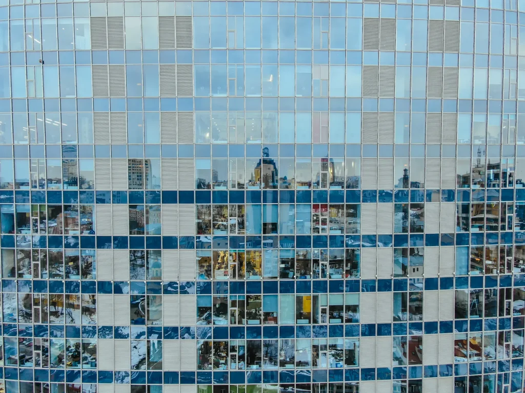 street reflection glass steel building facade